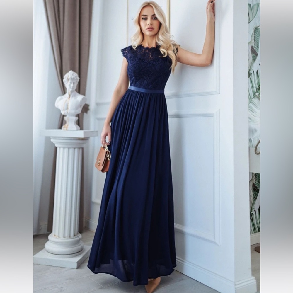 MIUSOL Floral Lace Chiffon Ribbon Waist Maxi Formal Dress Size:L(8/10)